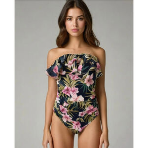 Kona Sol Women's Swimsuit One-Piece Floral Black Pink Size 14W Ruffled Beachwear